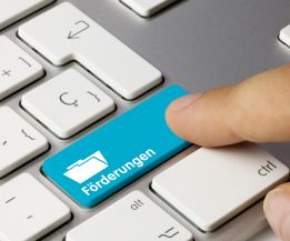 Eine Hand drückt auf einer Computertastatur eine blaue Taste mit der Aufschrift „Förderungen“, Symbol für staatliche Förderprogramme