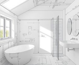 Visualisierte Badplanung mit technischer Zeichnung und moderner Badeinrichtung wie freistehender Badewanne, Dusche und Waschtisch